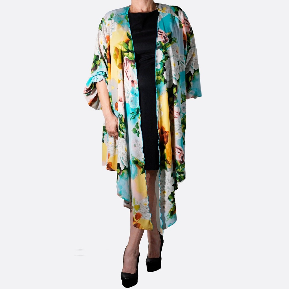 Melissa McCarthy Georgette Kimono Cardigan Aqua Blue Yellow 2X 3X Garden Party